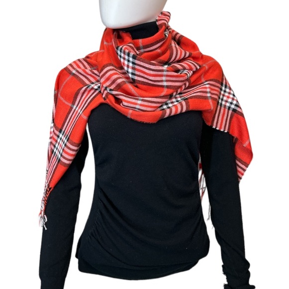 Tartan Plaid Scarf with fringe oblong 100% acrylic.Red white black 70 X 13 new - Picture 12 of 14